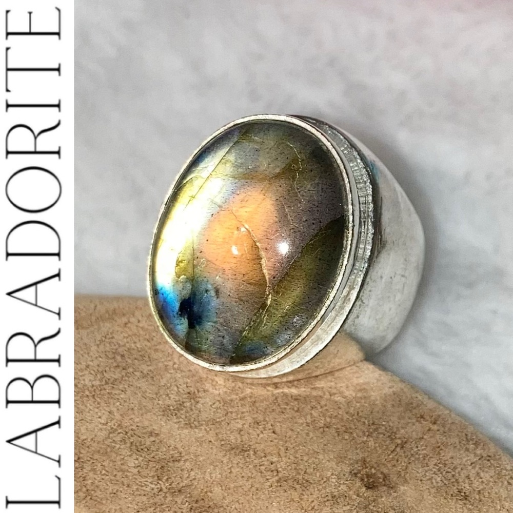 Labradorite Gemstone Men's Signet Style Handmade Ring - Picture 1 of 6